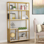 Denver bookcase-shelf with gold metal frame and white marble finish 100x30x160cm - Image 2