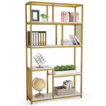 Denver bookcase-shelf with gold metal frame and white marble finish 100x30x160cm
