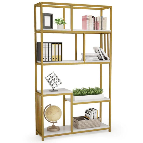 Denver bookcase-shelf with gold metal frame and white marble finish 100x30x160cm