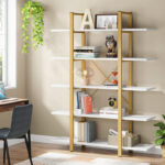 Esthon bookcase in white marble finish with gold metal 120x32x180cm - Image 3