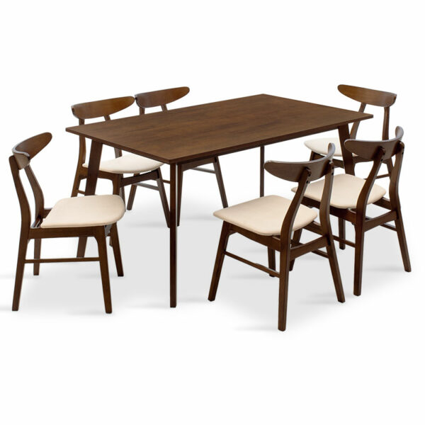 Dining set Benson - Orlean 7pcs 150x90x75cm in walnut - beige fabric
