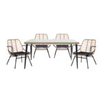 Dining table Naoki A set of 5 natural rattan-black metal-glass 160x90x78cm