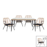 Dining table Naoki B set of 7 natural rattan-black metal-glass 160x90x78cm