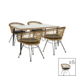 Dining table Naoki C set of 7 natural rattan-black metal-glass 160x90x78cm