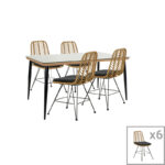 Naoki D dining table set of 7 natural rattan-black metal-glass 160x90x78cm