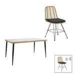 Naoki E dining table set of 5 natural rattan-black metal-glass 160x90x78cm