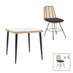 Naoki G dining table set of 5 natural rattan-black metal-glass 80x80x78cm