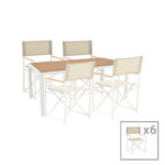 Mabu-Nares dining table set of 7 white aluminum and plywood in natural color 180x90x72.5cm
