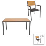 Dining table Savor-Nares set of 5 anthracite aluminum and plywood-rattan in natural color 140x80x72.5cm