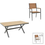 Dining table Vitality-Thorio set of 7 anthracite aluminum and plywood in a natural shade 160x90x75cm