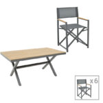 Mabu-Thorio dining table set of 7 anthracite aluminum and plywood in a natural shade 160x90x75cm