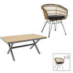 Naoki-Thorio dining table set of 7 anthracite aluminum and plywood in a natural shade 160x90x75cm