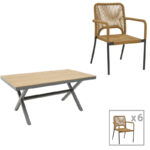 Dining table Nortune-Thorio set of 7 anthracite aluminum and plywood in natural shade 160x90x75cm