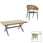 Dining table Raven -  Thorio set of 7 anthracite aluminum and plywood in a natural shade 160x90x75cm