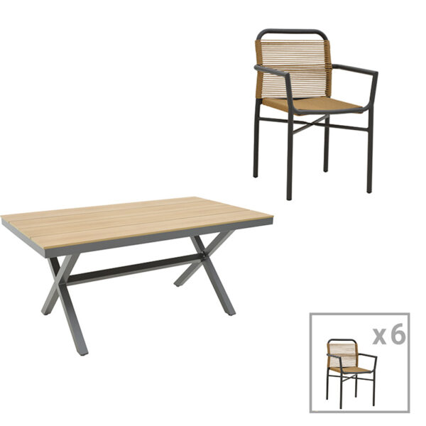 Dining table Clutch - Thorio set of 7 anthracite aluminum and plywood in a natural shade 160x90x75cm