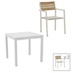 Dining table Savor-Kliton set of 3 white aluminum and rattan in natural color 80x80x74cm