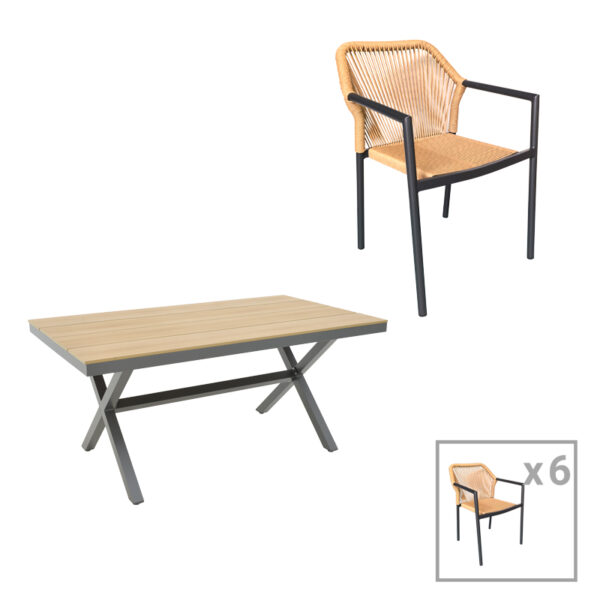 Thorio-Lush dining table set of 7 anthracite aluminum and plywood in a natural shade 160x90x75cm
