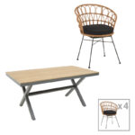 Комплет трпезариски маси Thorio-Felicia од 5 антрацитни алуминиумски и иверица во природна нијанса 160x90x75 см