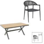Dining table Thorio- Freiburg set of 5 anthracite aluminum and plywood in natural shade 160x90x75cm