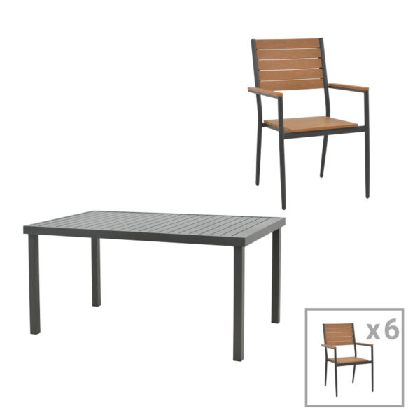 Dining table Vitality-Kliton A set of 7 anthracite aluminum and plywood in a natural shade 150x80x74cm