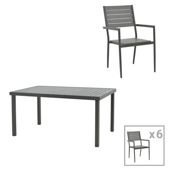 Dining table Vitality-Kliton B set of 7 anthracite aluminum and gray plywood 150x80x74cm