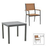 Kliton-Vitality dining table set of 5 anthracite aluminum and plywood in a natural shade 80x80x74cm