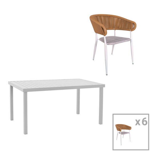 Dining table Kliton-Raven set of 7 aluminum in white shade 150x80x74cm