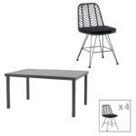 Dining table Naoki-Kliton I set of 5 anthracite aluminum and pe rattan in black shade 150x80x74cm