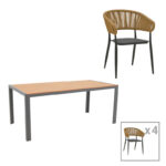 Dining table Nares-Raven set of 5 anthracite aluminum and plywood in natural shade 180x90x72.5cm
