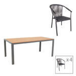 Dining table Nares-Convince set of 5 anthracite aluminum and plywood in natural shade 180x90x72.5cm