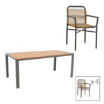 Dining table Nares-Clutch set of 5 anthracite aluminum and plywood in natural shade 180x90x72.5cm