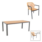 Трпезариска маса Nares-Lush сет од 7 антрацитни алуминиумски и иверица во природна нијанса 180x90x72.5 см