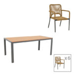 Dining table Nares-Norture set of 7 anthracite aluminum and plywood in natural shade 180x90x72.5cm