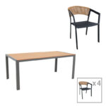 Dining table Nares-Glisten set of 5 anthracite aluminum and plywood in natural shade 180x90x72.5cm