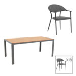 Dining table Nares-Pino set of 7 anthracite aluminum and plywood in natural shade 180x90x72.5cm