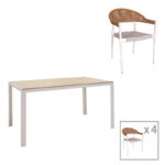Dining table Nares-Elation set of 5 white aluminum and plywood in natural shade 140x80x72.5cm