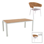 Dining table Nares-Raven B set of 7 white aluminum and plywood in a natural shade 180x90x72.5cm