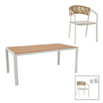 Dining table Nares-Glisten B set of 7 white aluminum and plywood in a natural shade 180x90x72.5cm