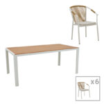 Трпезариска маса Nares-Convince B сет од 7 бели алуминиумски и иверички во природна нијанса 180x90x72.5 см