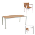 Dining table Nares-Clutch B set of 7 white aluminum and plywood in a natural shade 180x90x72.5cm