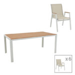Dining table Nares-Azelie B set of 7 white aluminum and plywood in a natural shade 180x90x72.5cm