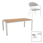 Dining table Nares-Pino B set of 7 white aluminum and plywood in a natural shade 180x90x72.5cm