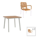 Dining table Synergy-Norture set of 3 white aluminum and plywood in natural color 80x80x74cm