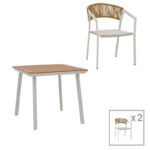 Dining table Synergy-Glisten set of 3 white aluminum and plywood in natural color 80x80x74cm