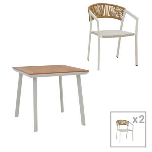 Dining table Synergy-Glisten set of 3 white aluminum and plywood in natural color 80x80x74cm