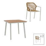 Dining table Synergy-Lush set of 3 white aluminum and plywood in natural color 80x80x74cm