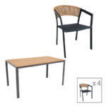 Dining table Nares-Glisten C set of 5 anthracite aluminum and plywood in natural color 140x80x72.5cm