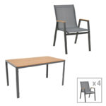 Dining table Nares-Azelie C set of 5 anthracite aluminum and textilene with plywood in natural color 140x80x72.5cm