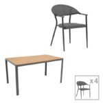 Dining table Nares-Pino C set of 5 anthracite-black aluminum and plywood in natural color 140x80x72.5cm
