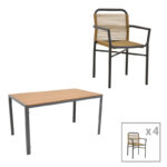 Dining table Nares-Clutch C set of 5 anthracite aluminum and plywood in natural color 140x80x72.5cm